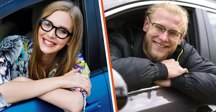 A happy woman leaning out of a car | A happy man leaning out of a car | Source: Shutterstock | Freepik.com/freepik