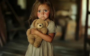 Frightened little girl clutching her teddy bear | Source: Midjourney