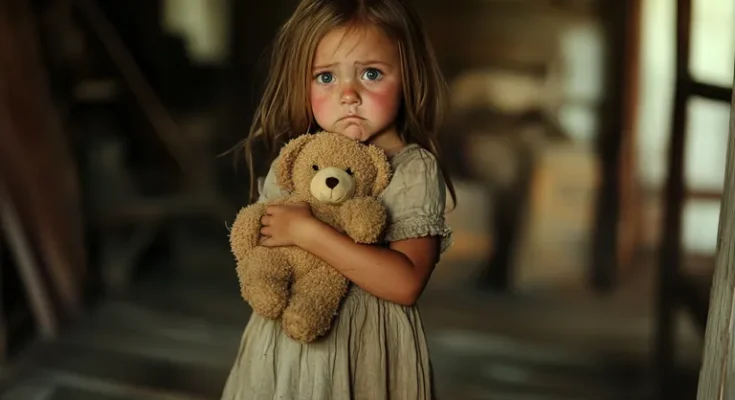 Frightened little girl clutching her teddy bear | Source: Midjourney