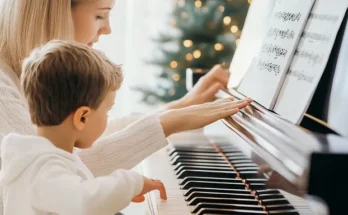 Teacher guiding young boy at piano | Source: Midjourney