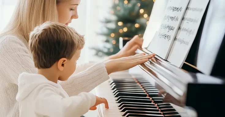 Teacher guiding young boy at piano | Source: Midjourney