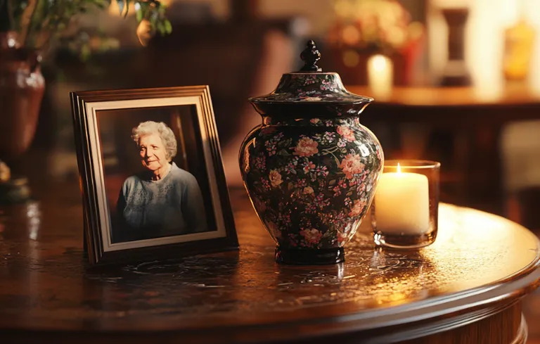 An older lady's framed photo and an urn on the table | Source: Midjourney