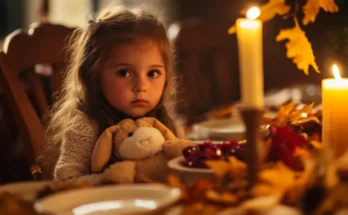 Little girl sitting quietly at the Thanksgiving dinner table | Source: Midjourney