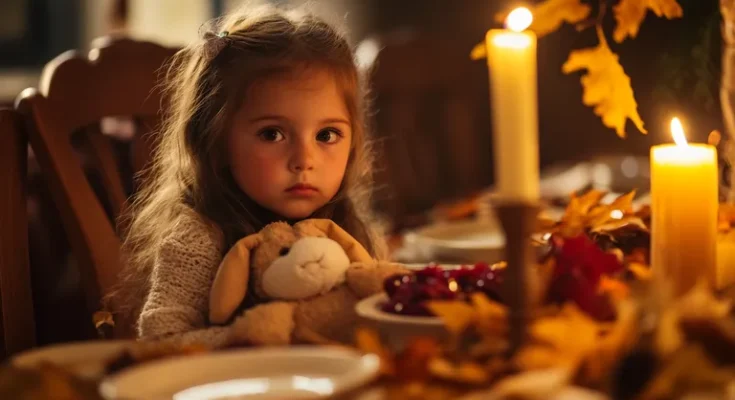 Little girl sitting quietly at the Thanksgiving dinner table | Source: Midjourney