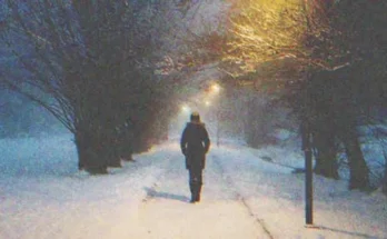 A man walking at night on a snowy road | Source: Shutterstock