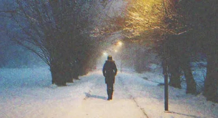 A man walking at night on a snowy road | Source: Shutterstock