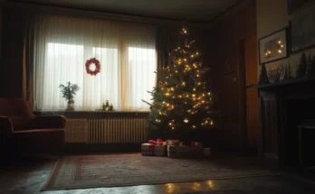 A Christmas tree in a living room | Source: Midjourney