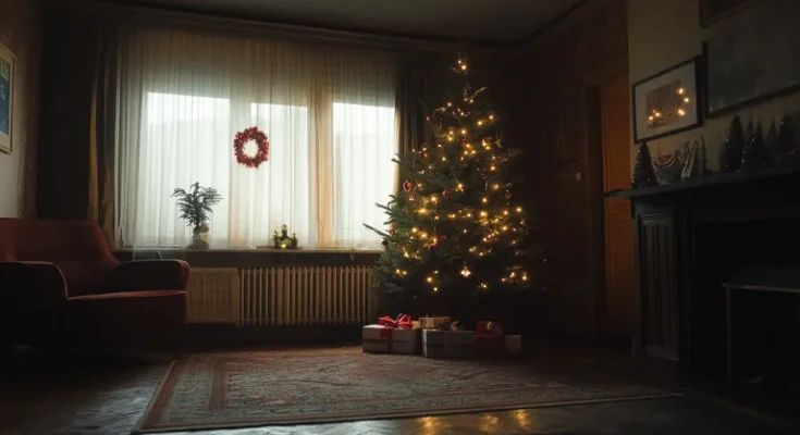 A Christmas tree in a living room | Source: Midjourney