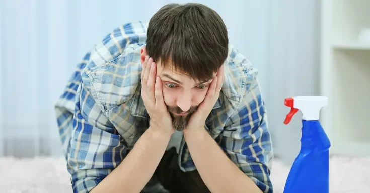 A confused man seeing a bottle of cleaner | Source: Shutterstock