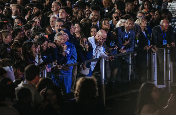 People watch election results come in at Vice President Kamala Harris’s election night event at Howard University in Washington, on Nov. 5, 2024. © Jamie Kelter Davis for POLITICO