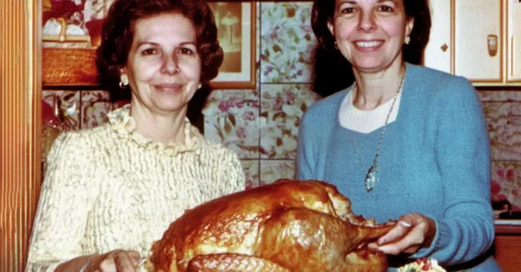 Two women with a turkey. | Source: Midjourney