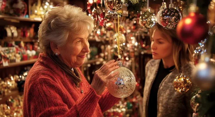 Elderly lady holding a Christmas ornament | Source: Midjourney