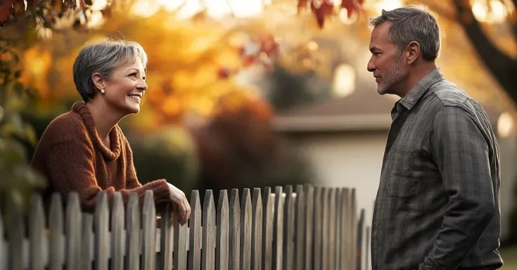 Woman and man chatting over fence | Source: Midjourney