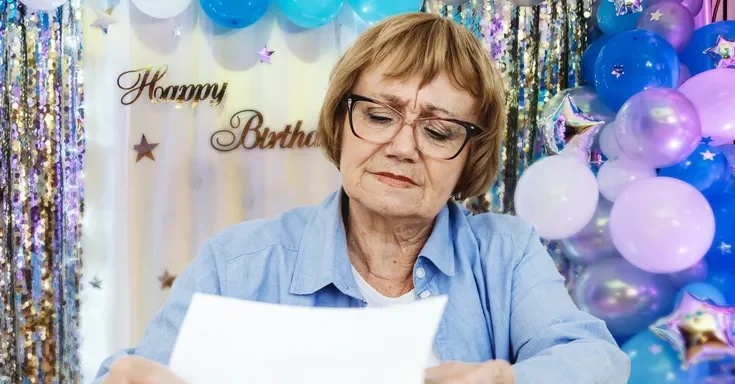 A woman holding a piece of paper at a birthday party | Source: Shutterstock