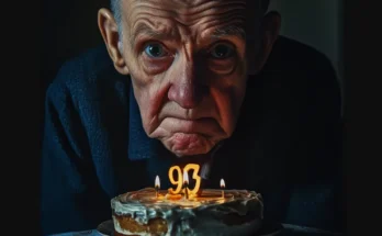 A sad older man looking at his 93rd birthday cake | Source: Midjourney