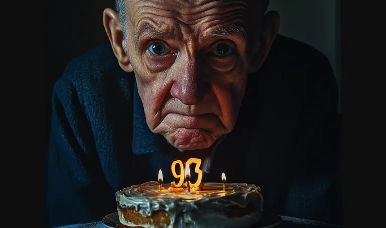 A sad older man looking at his 93rd birthday cake | Source: Midjourney