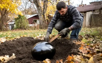 A man burying a large black egg in the backyard | Source: AmoMama