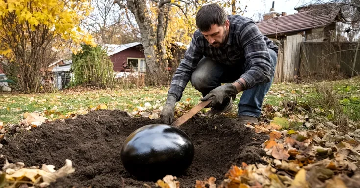 A man burying a large black egg in the backyard | Source: AmoMama