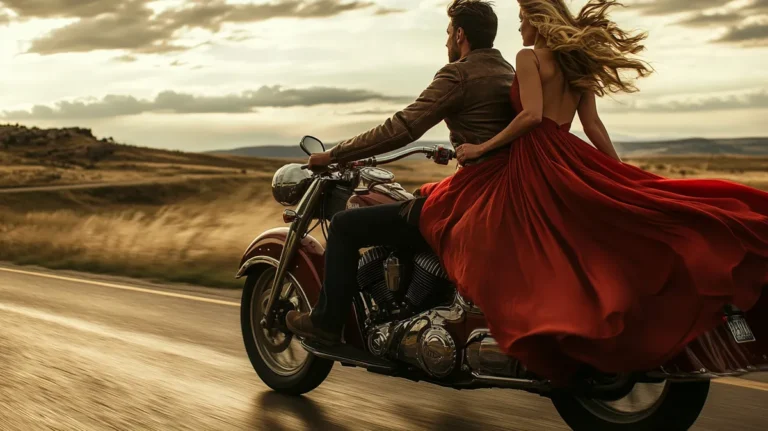 Woman in red dress sitting on backseat of the motorbike | Source: Midjourney