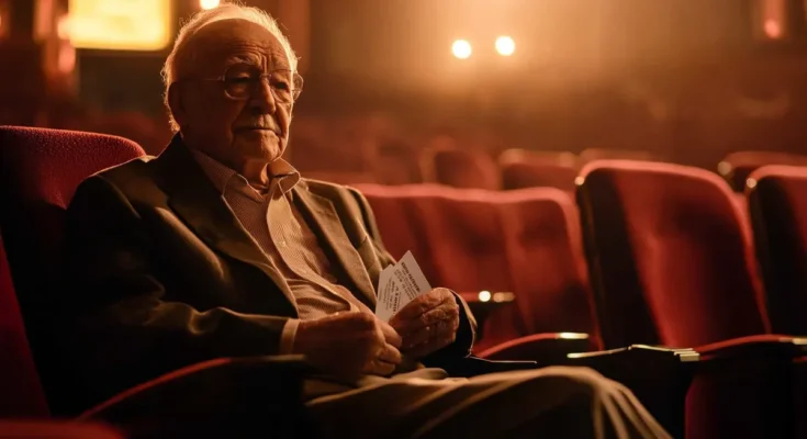 Elderly man sitting at the cinema with two tickets | Source: Midjourney