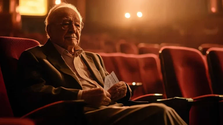 Elderly man sitting at the cinema with two tickets | Source: Midjourney