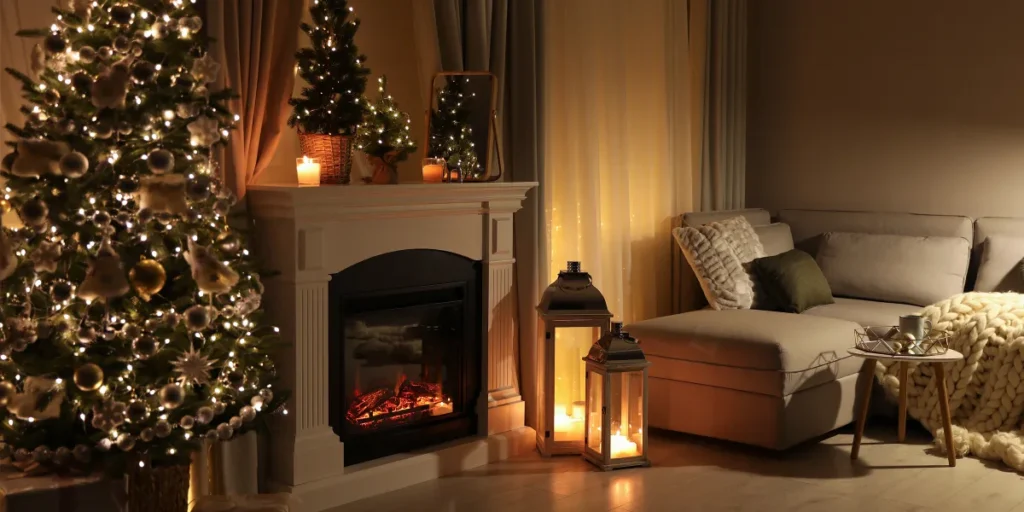 Living room fireplace with Christmas decor | Source: Shutterstock