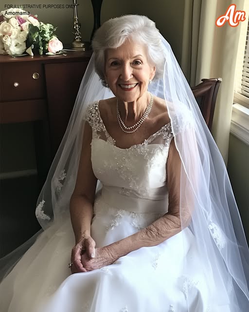 An old lady wears the wedding dress.