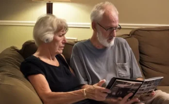 A couple looking at a photo album | Source: Midjourney