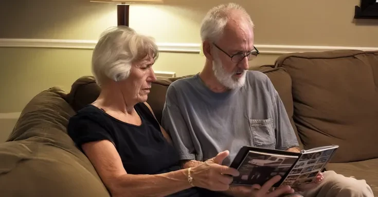 A couple looking at a photo album | Source: Midjourney