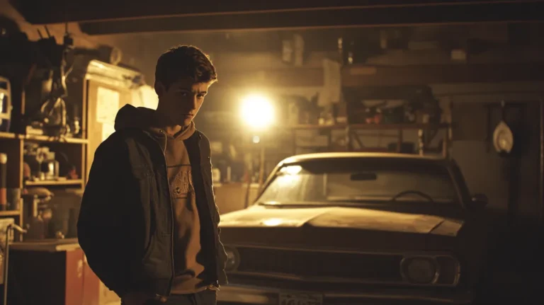 A teen boy near an old car in garage | Source: Midjourney