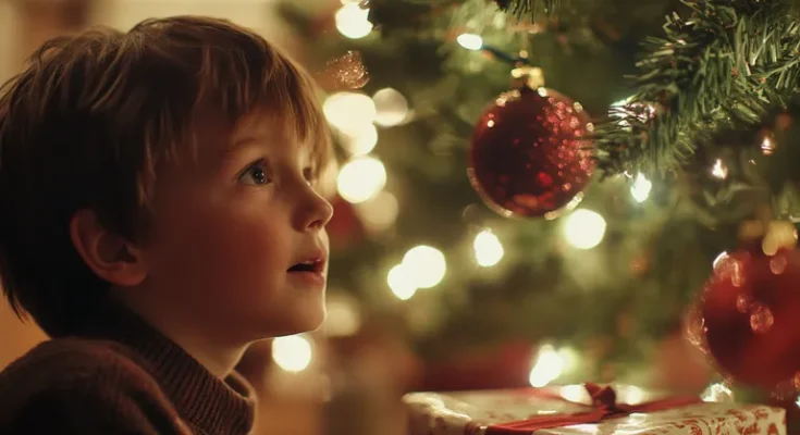 Boy looking at a Christmas tree | Source: Midjourney