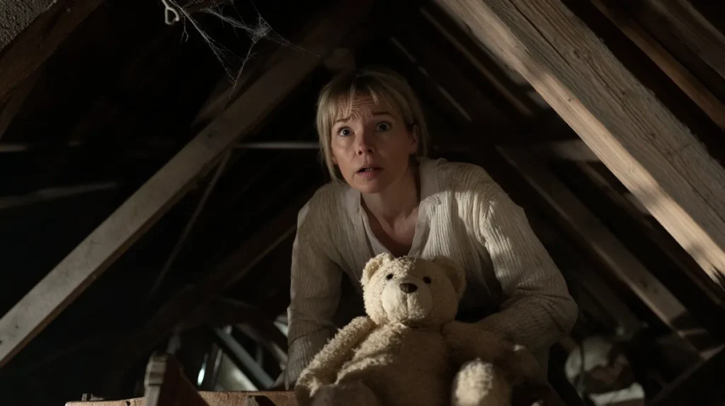 Confused woman with a teddy bear climbing in the attic | Source: Midjourney