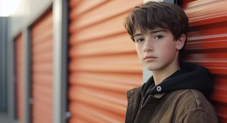 A teenage boy near a storage unit | Source: Midjourney