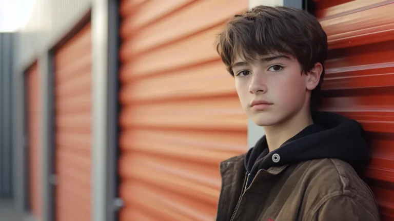 A teenage boy near a storage unit | Source: Midjourney