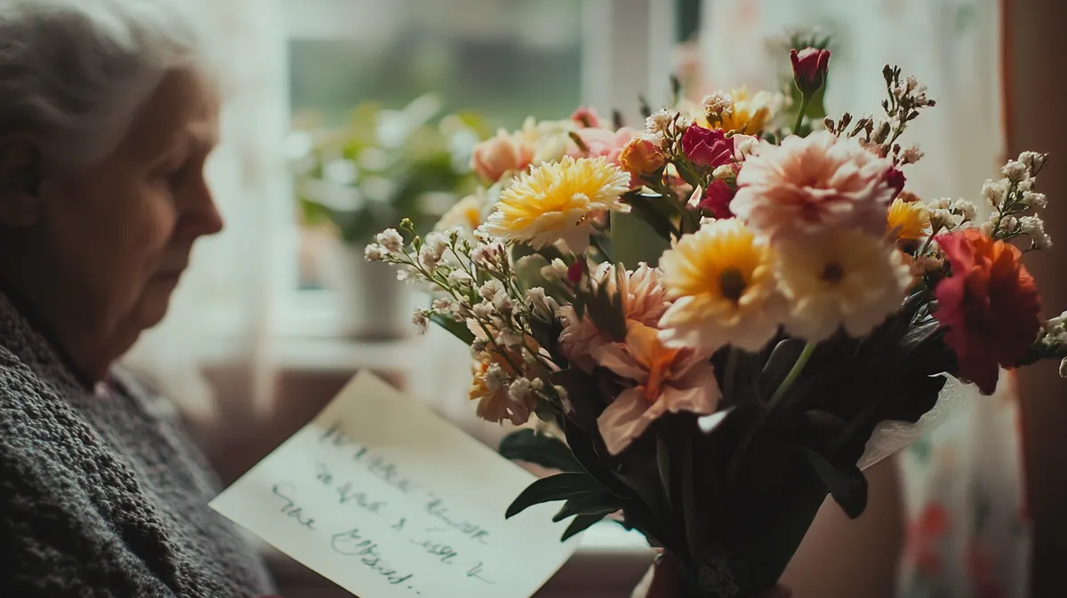 An old lady with a bouquet of flowers | Source: Midjourney