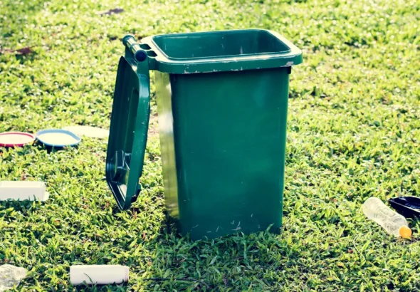 A bin and trash on a lawn | Source: Shutterstock