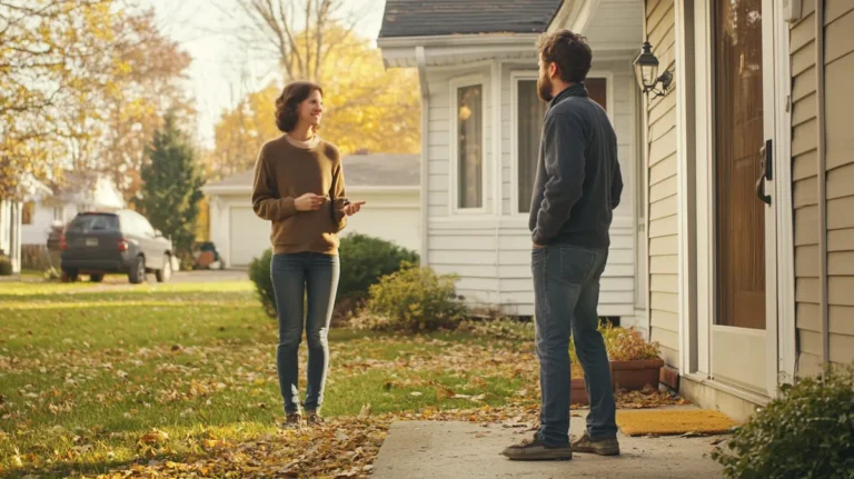 A woman smiles to a man outside | Source: Midjourney