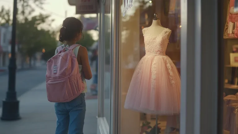 Teen girl staring at a pink dress in a store window | Source: Midjourney