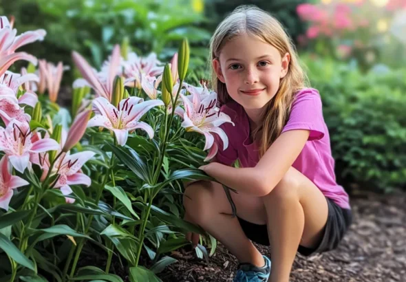 A teen girl crouching beside lilies in a garden | Source: Amomama