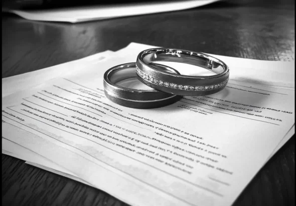 Divorce paperwork and rings on a table | Source: Midjourney