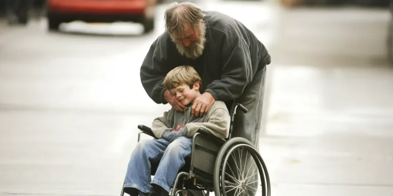 A homeless man leaning over a smiling boy in a wheelchair | Source: Amomama