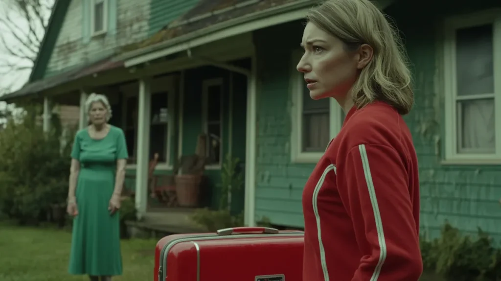 Confused woman with a suitcase standing in front of the house | Source: Midjourney