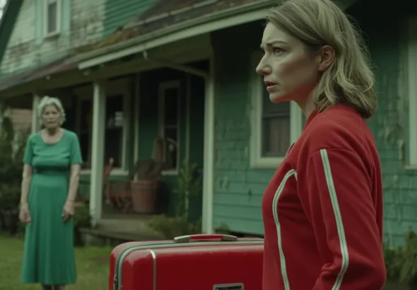 Confused woman with a suitcase standing in front of the house | Source: Midjourney