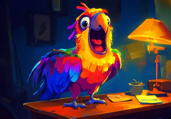 A colorful parrot perched on a desk in a dark room | Source: Amomama